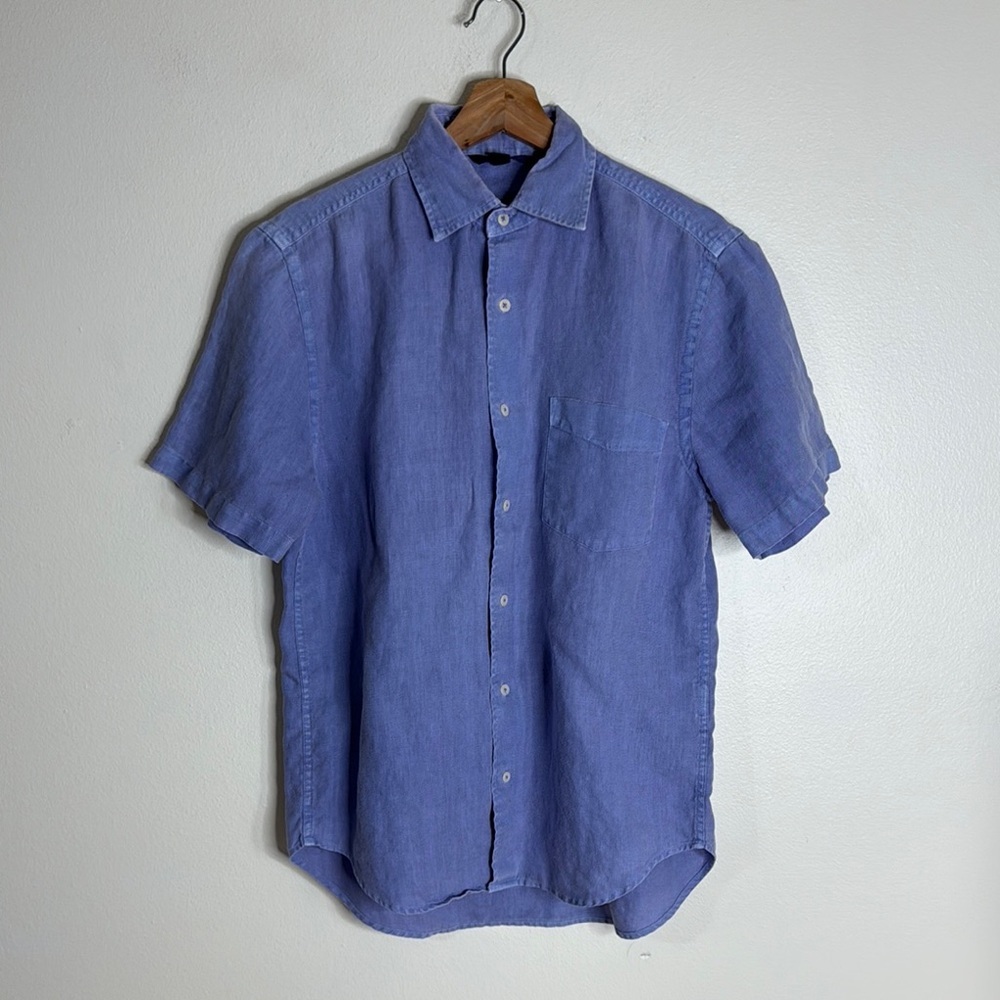 Boden Men's Blue linen Short Sleeve button down shirt size small casual
